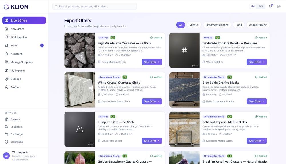 Tela do marketplace da plataforma KLION com ofertas de exportação